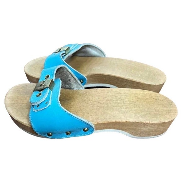 VINTAGE Dr. School's The Original Wood Sandals Slides Blue Leather - Picture 3 of 7
